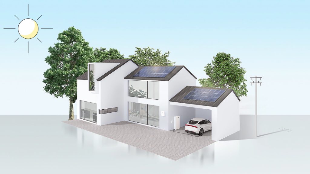 Illustratie van een woning met zonnepanelen, laadpaal en elektrische auto