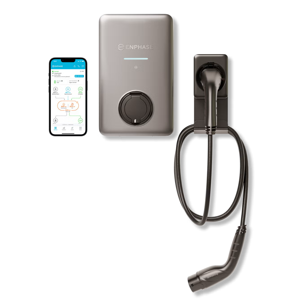 Enphase IQ laadpaal met de app op een telefoon