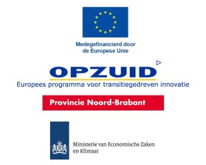 Logo's van de Europese Unie, OPZuid, provincie Noord-Brabant en het ministerie van Economische Zaken en Klimaat