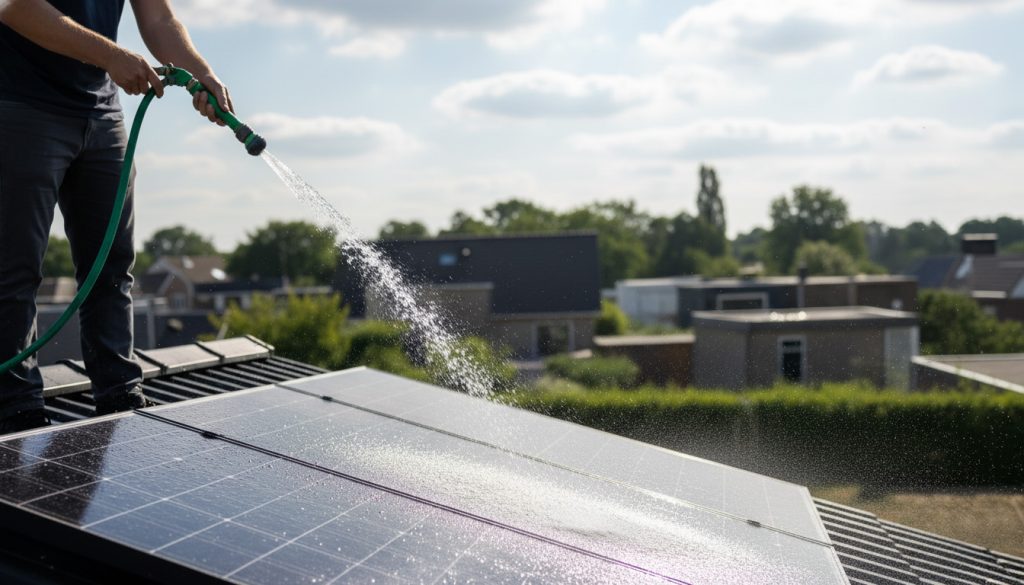 Zonnepanelen worden met een tuinslang afgespoeld