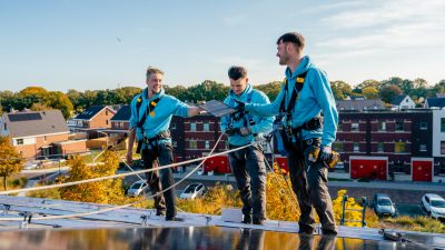 Drie jonge zonnepanelenmonteurs op het dak, lachend naar elkaar.